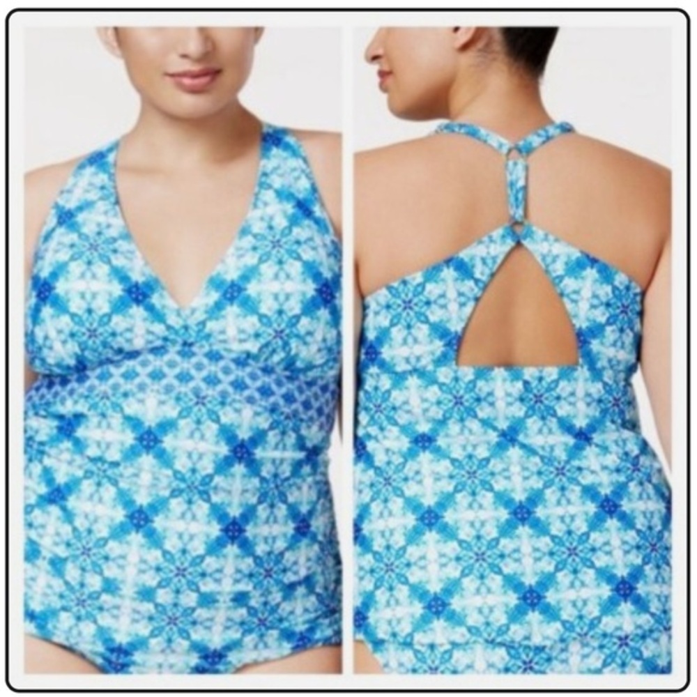 La Blanca Plus Size Printed Keyhole-back Halter Tankini Top size 16